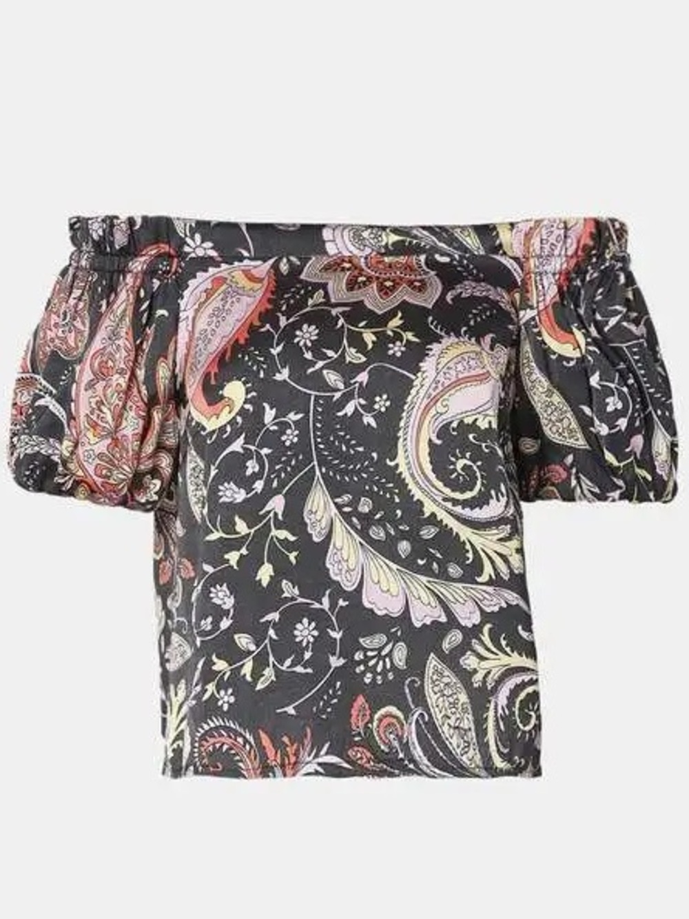 Vero Moda| Charcoal Black Off-Shoulder Pink & Ivory Satin Paisley Blouse Sz XS